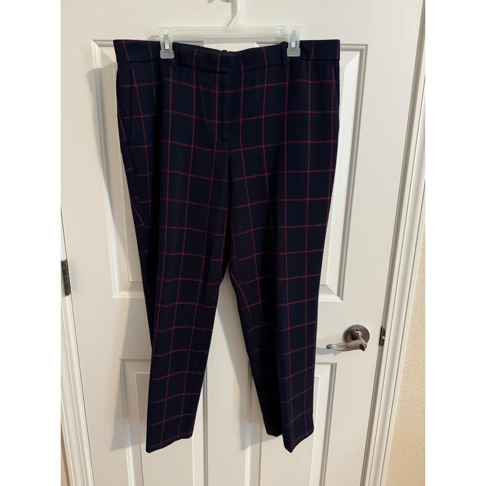 Ann Taylor Curvy Fit Plaid Trousers Cropped Navy Blue Red Pockets Size 14